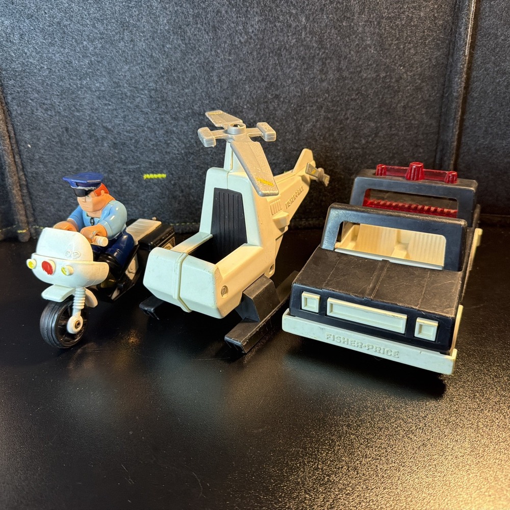 Vintage 80s Fisher-Price Husky Helper Police Car, Helicopter 1 Figure Motorcycle